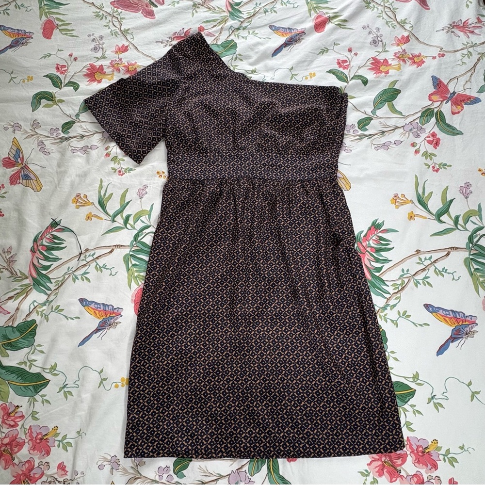 Blue/Tan Patterned Cute One‎ Shoulder Lightweight Dress, Small